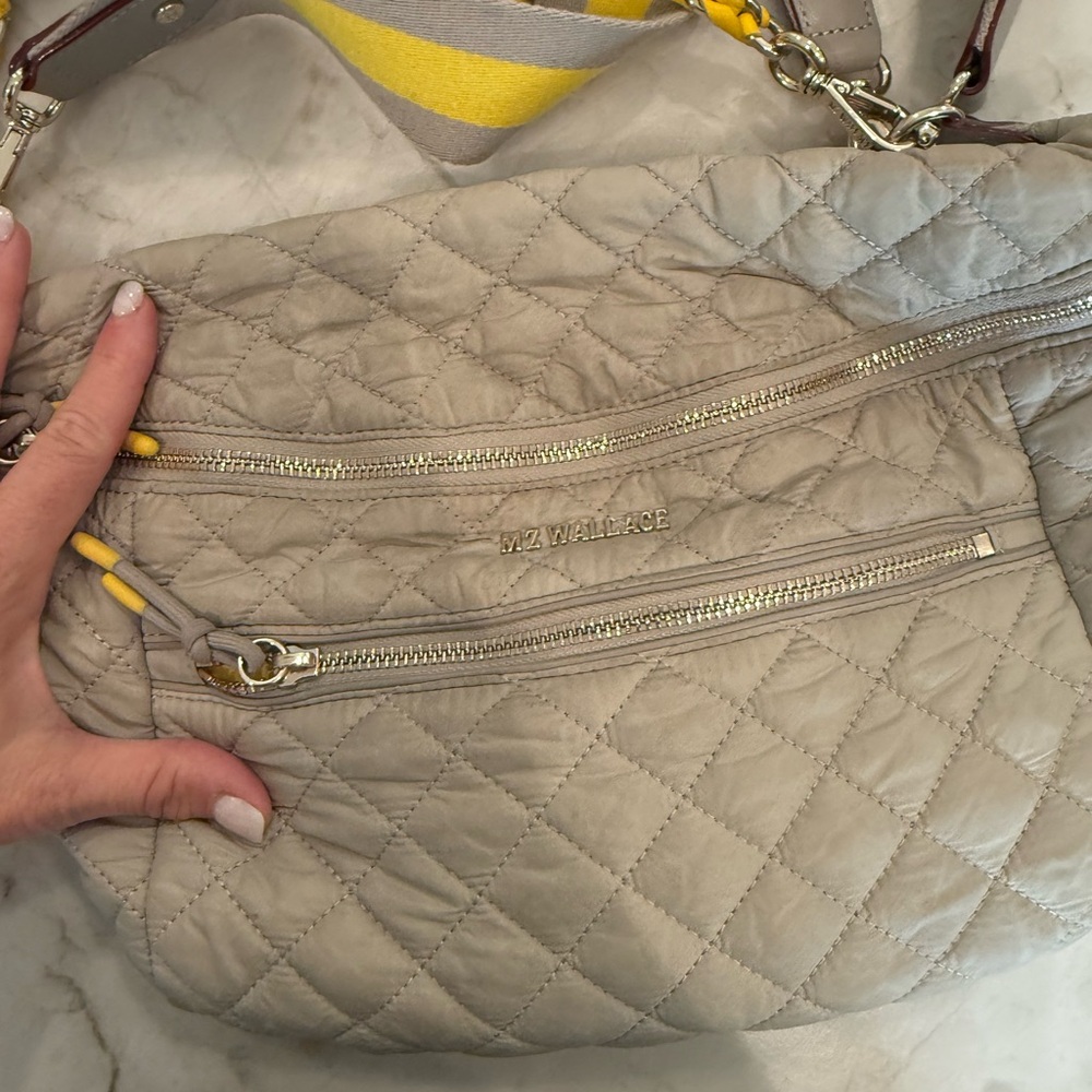 MZ Wallace Quilted Crossbody Shoulder Bag in Light Taupe with Yellow Strap - Picture 2 of 3